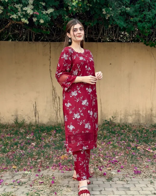 2pcs Flower Printed Stitched Suit