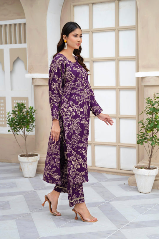 2Pcs Flower Printed Stitched Suit