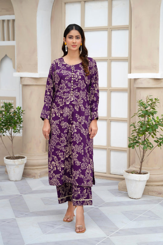 2Pcs Flower Printed Stitched Suit